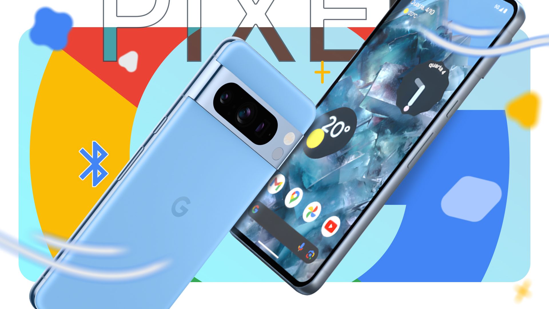 Blue Google Pixel 8 Pro shown from the front and back, with the Google logo and colorful graphic elements in the background.