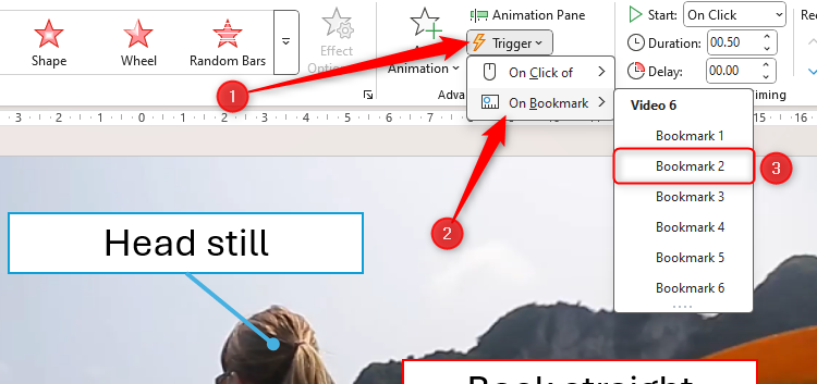 Bookmark 2 is selected in the Animation Trigger drop-down menu in PowerPoint.