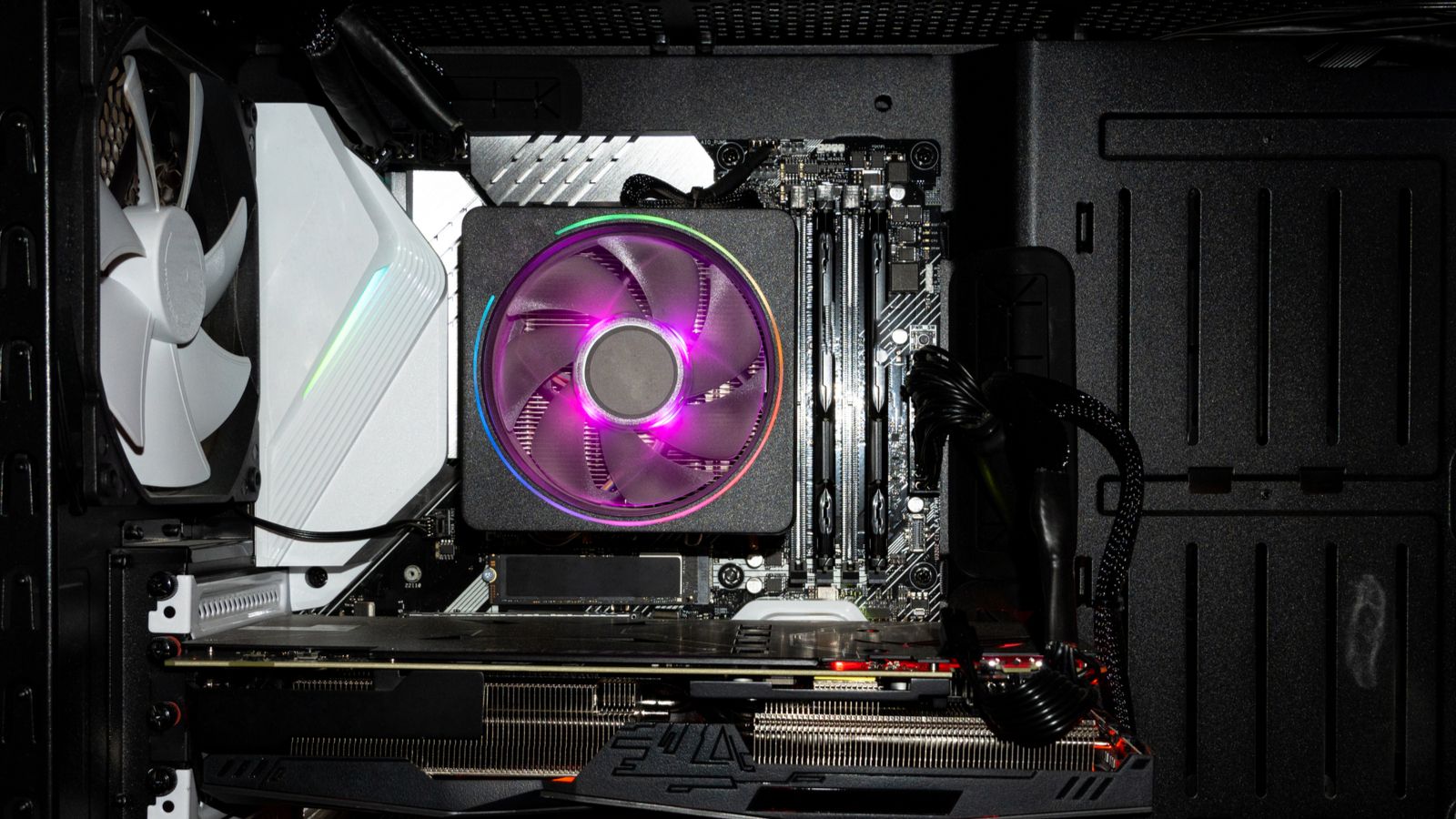 Close up of processor cooler inside of gaming PC.