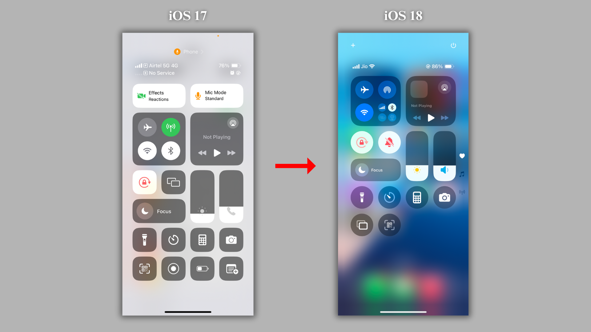 Screenshots of the Control Center on iOS 17 and iOS 18 next to each other with an arrow in between.