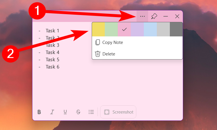 Changing the color of a sticky note on Windows 11.