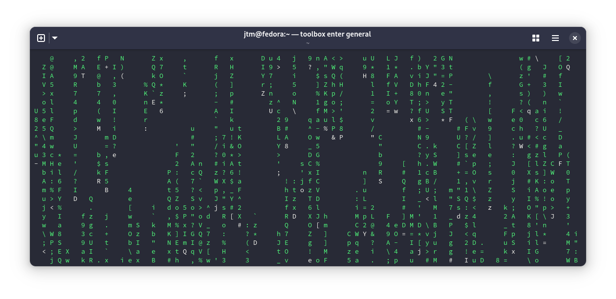 Output from the cmatrix program in a Linux terminal.