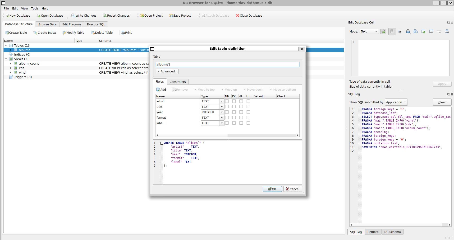 Modifying tables in DB Browser.