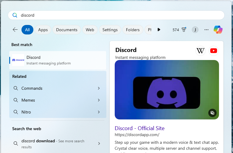 Discord in the results of a Windows search bar search.