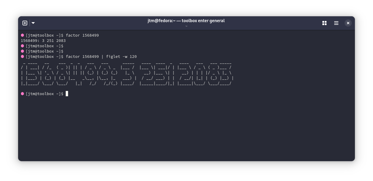 Output of the factor command run through figlet in a Linux terminal