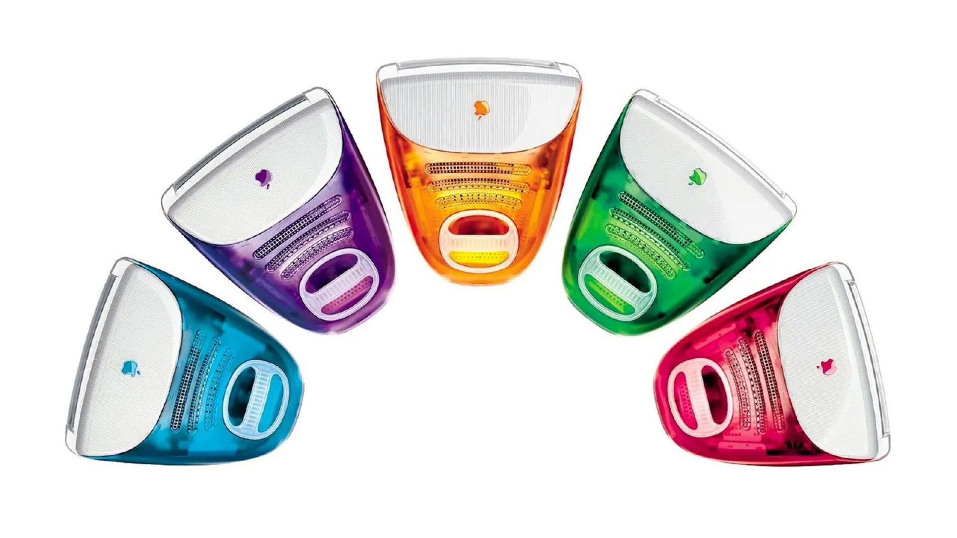 Five G3 iMacs seen from above in a variety of colors.