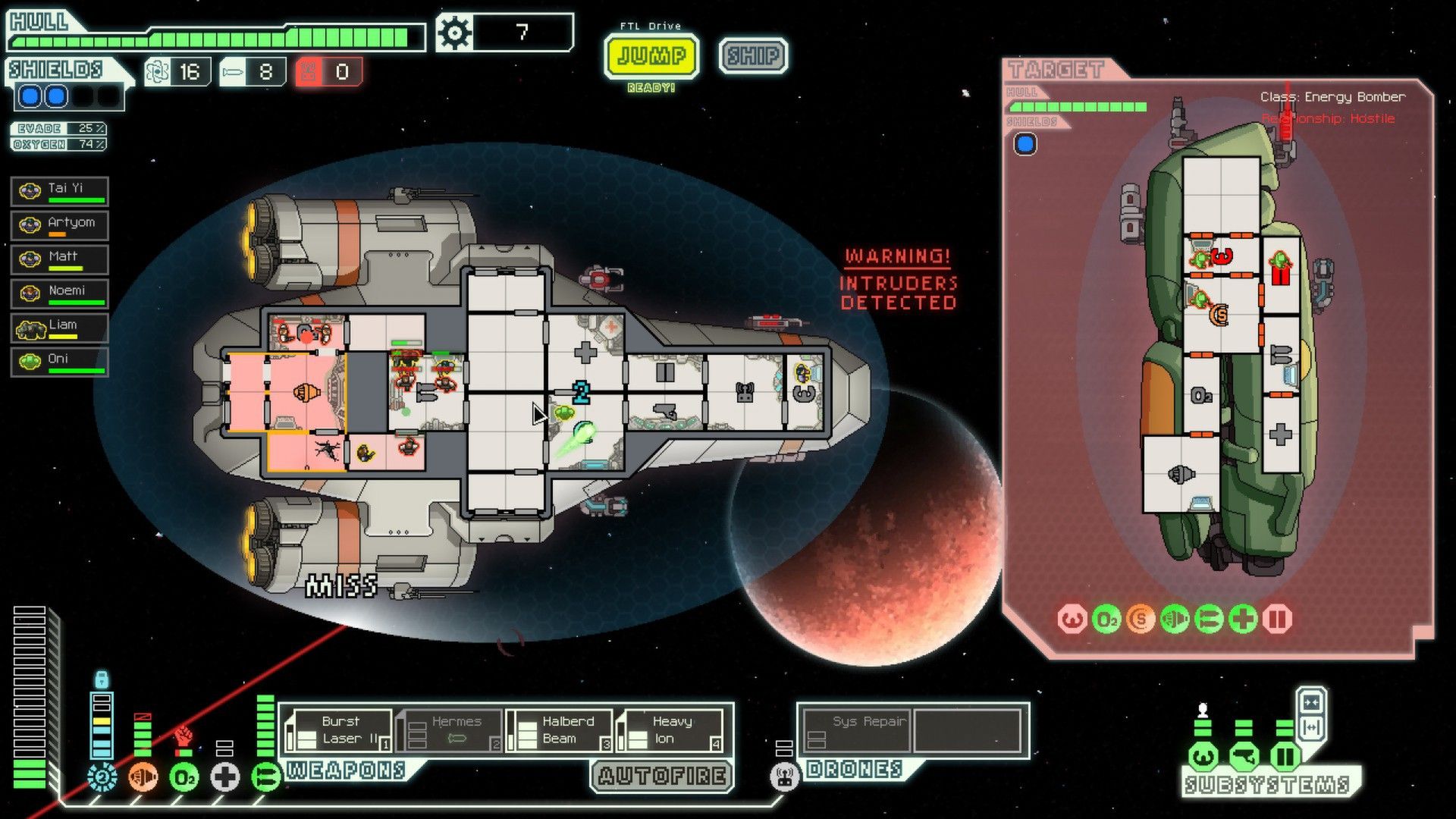 FTL official Steam screenshot showing typical gameplay of your and an enemy ship's floor plan.