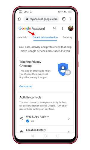 Select the 'Data & Personalization' tab