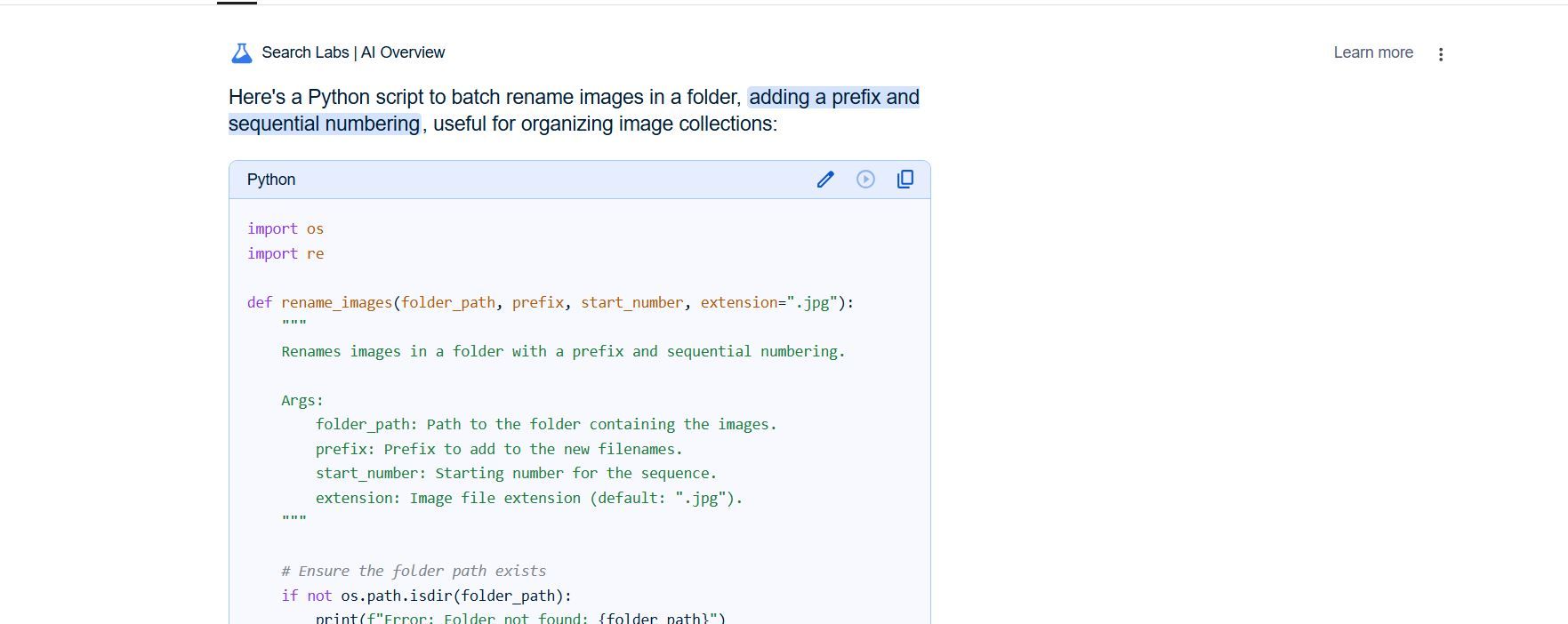 Google AI search suggestion for building a script in Python to rename images.