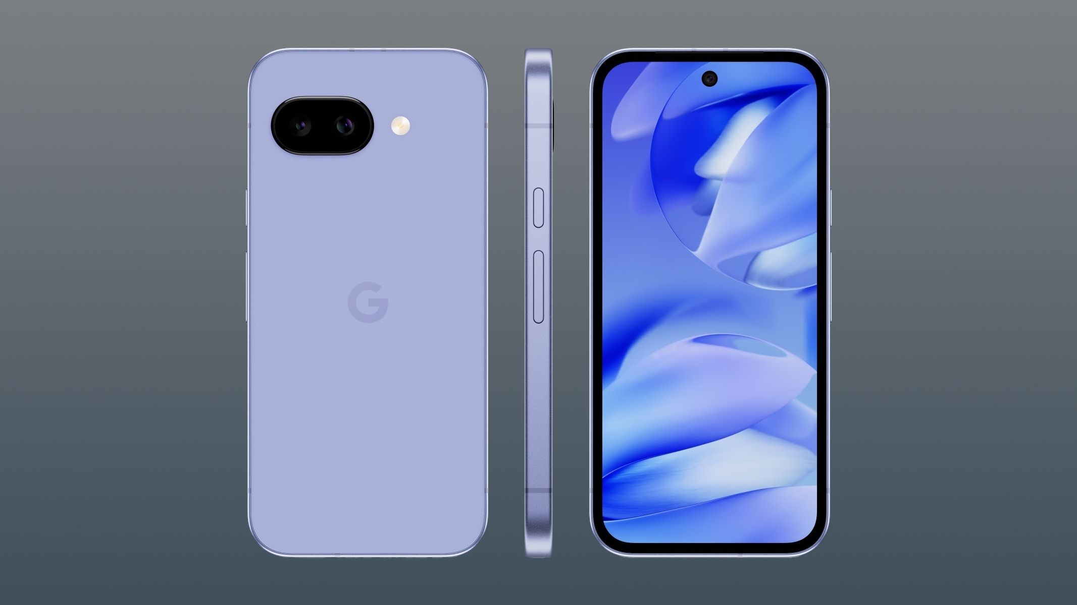 Three Google Pixel 9a phones showcasing the front, back, and side.