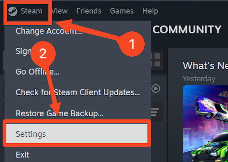 Steam settings menu.