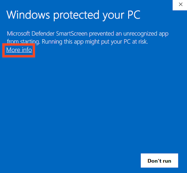 Windows Defender unrecognized app warning.