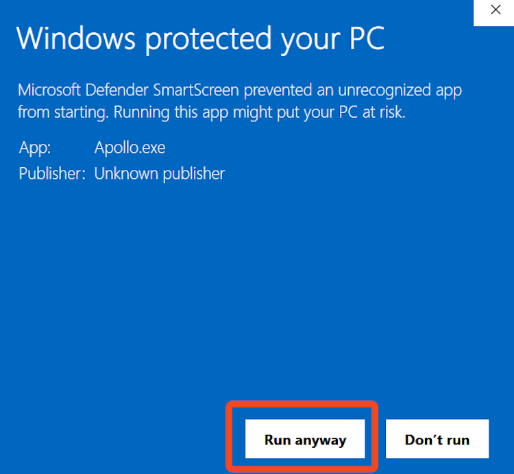 Windows Defender unrecognized app warning.