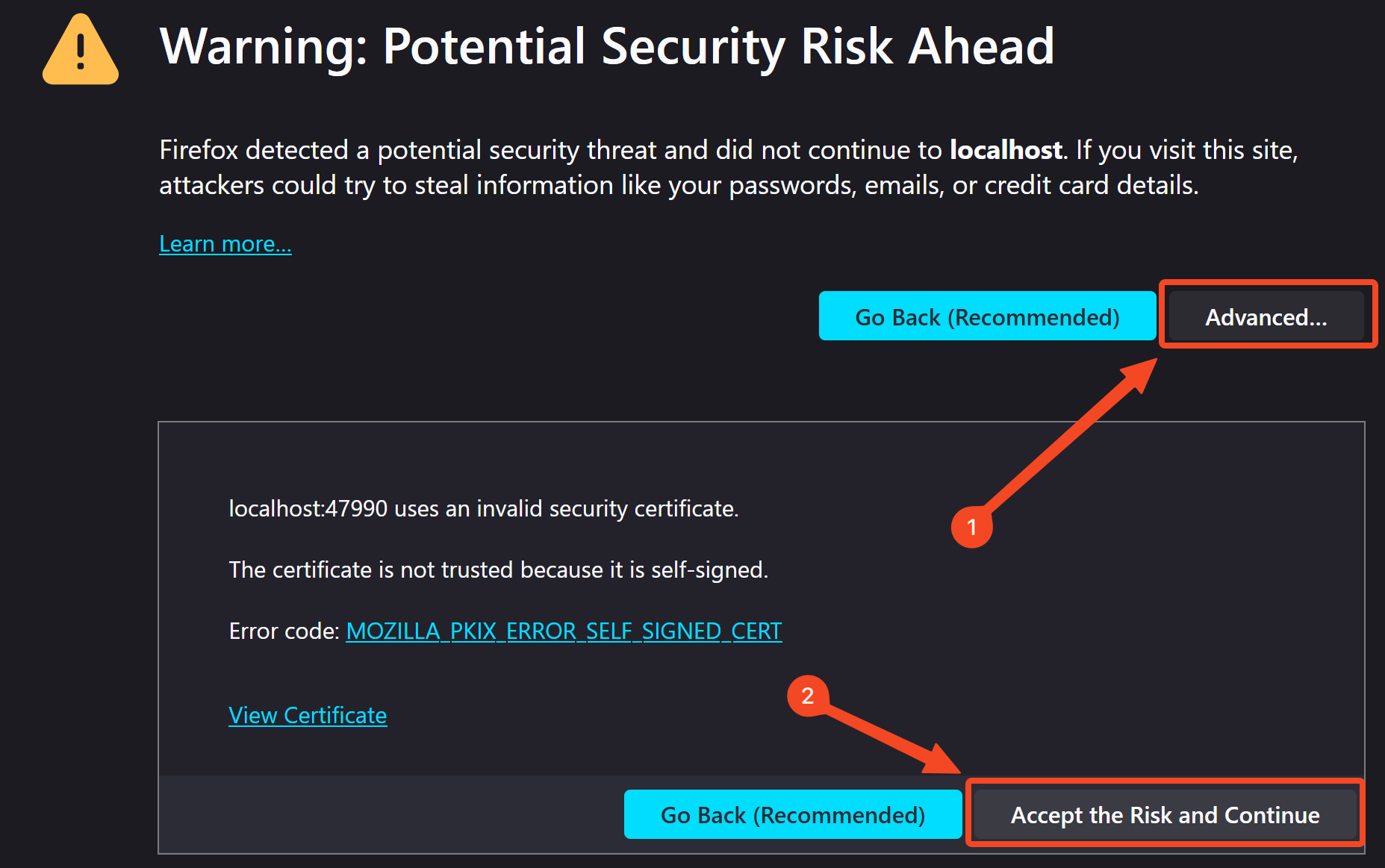 Firefox potential security risk warning.