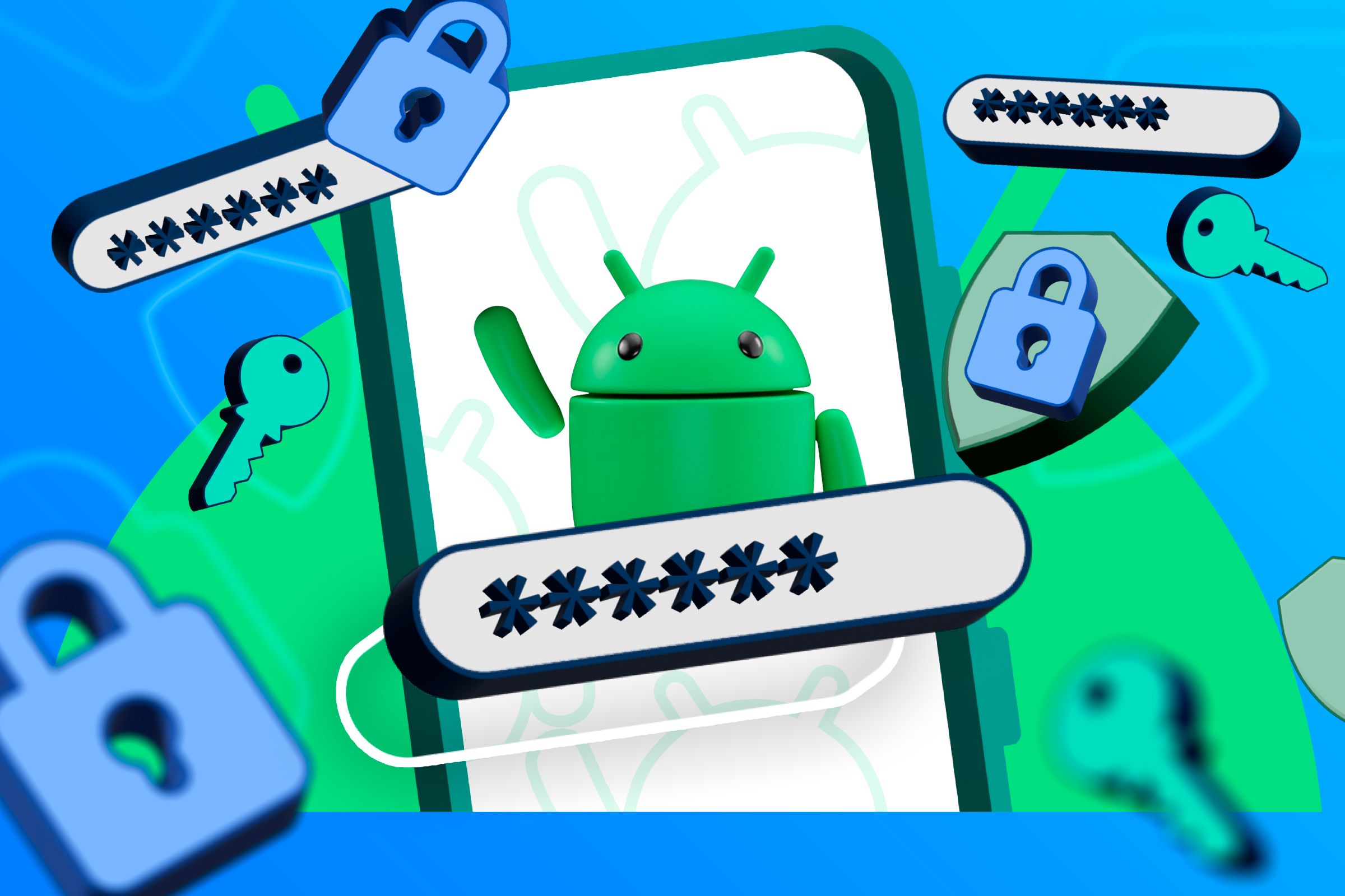 Illustration of a phone with various passwords, keys, padlocks and shields around it, and the Android mascot in the center.