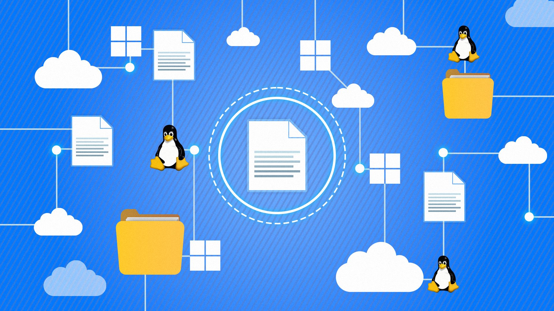 Illustration of files and folders connected to the cloud, Linux, and Windows.