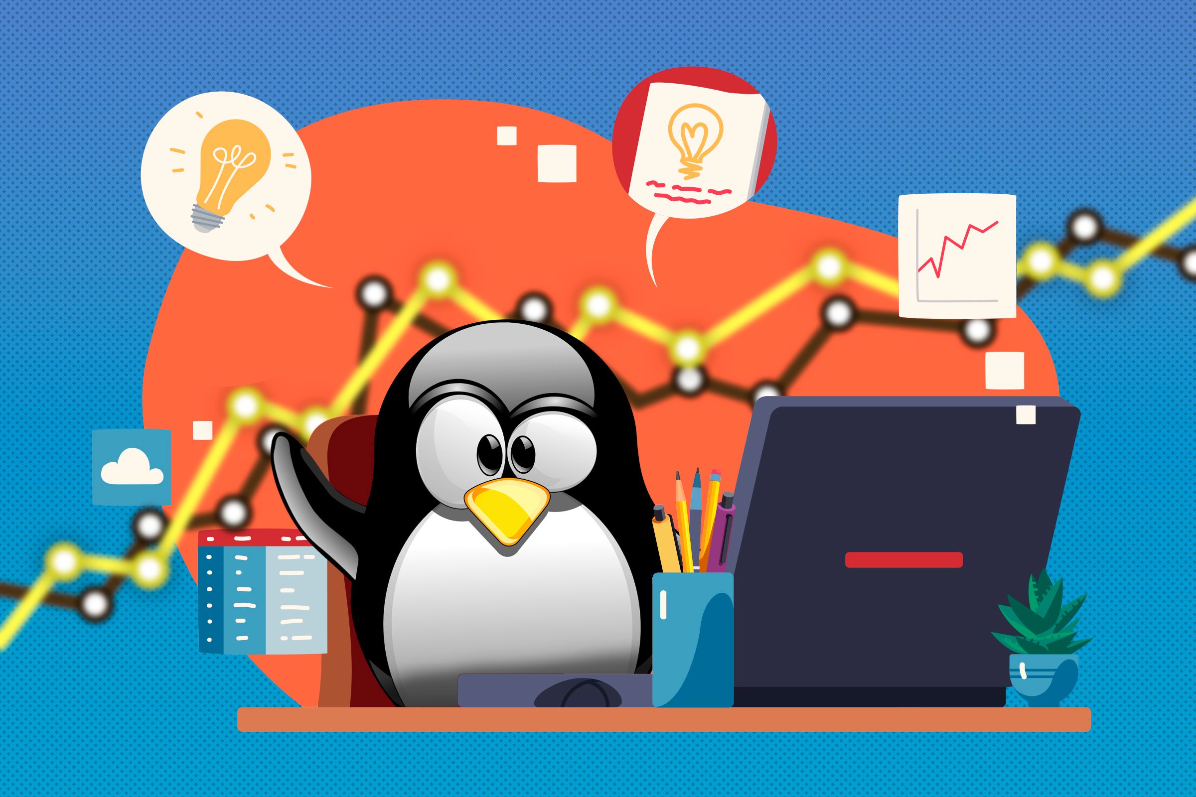 Illustration of the Linux mascot at a desk with productivity-related icons around.