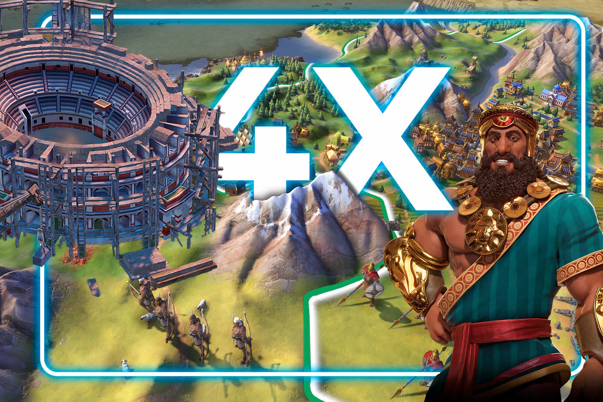 Images from the game Sid Meier’s Civilization VI with a '4X' in the center of the screen.