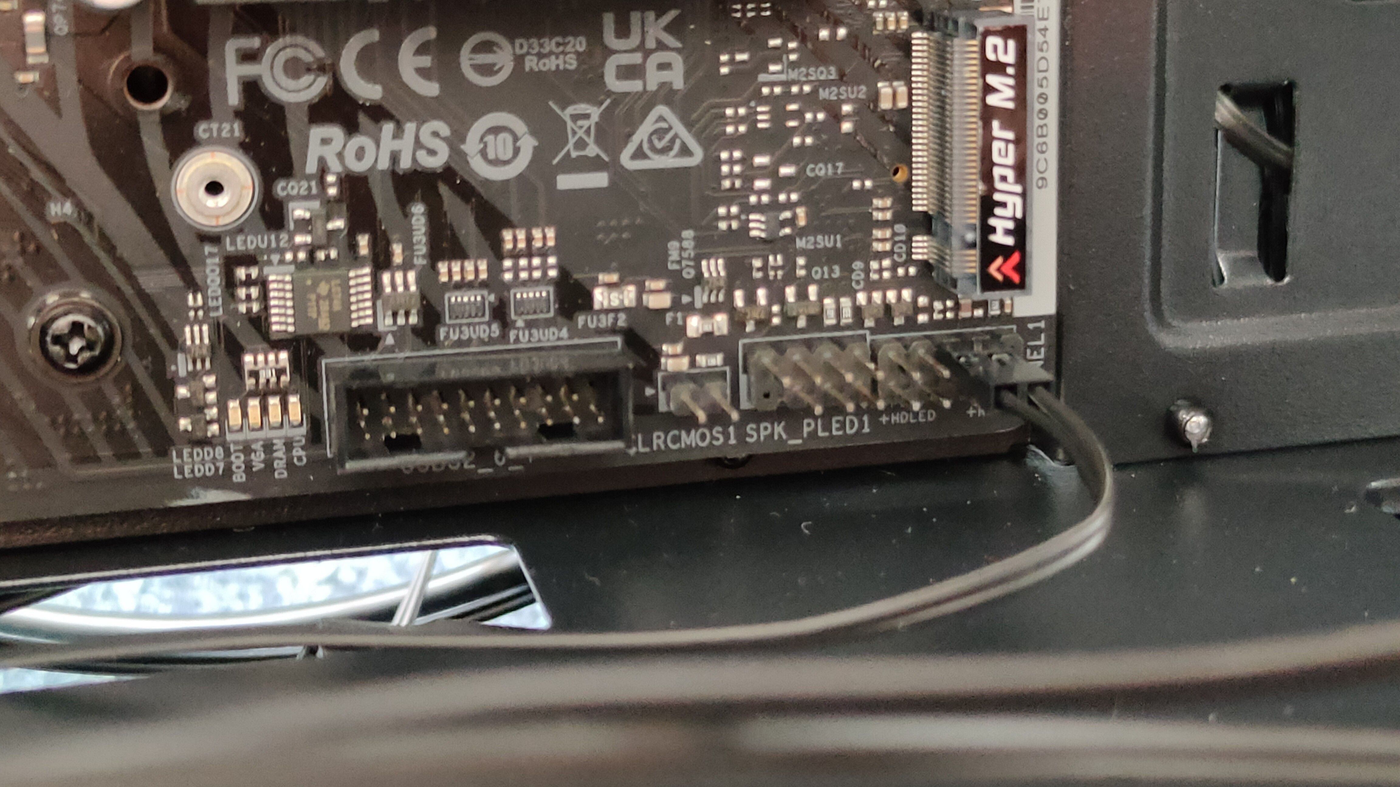 The front I/O headers on a motherboard.