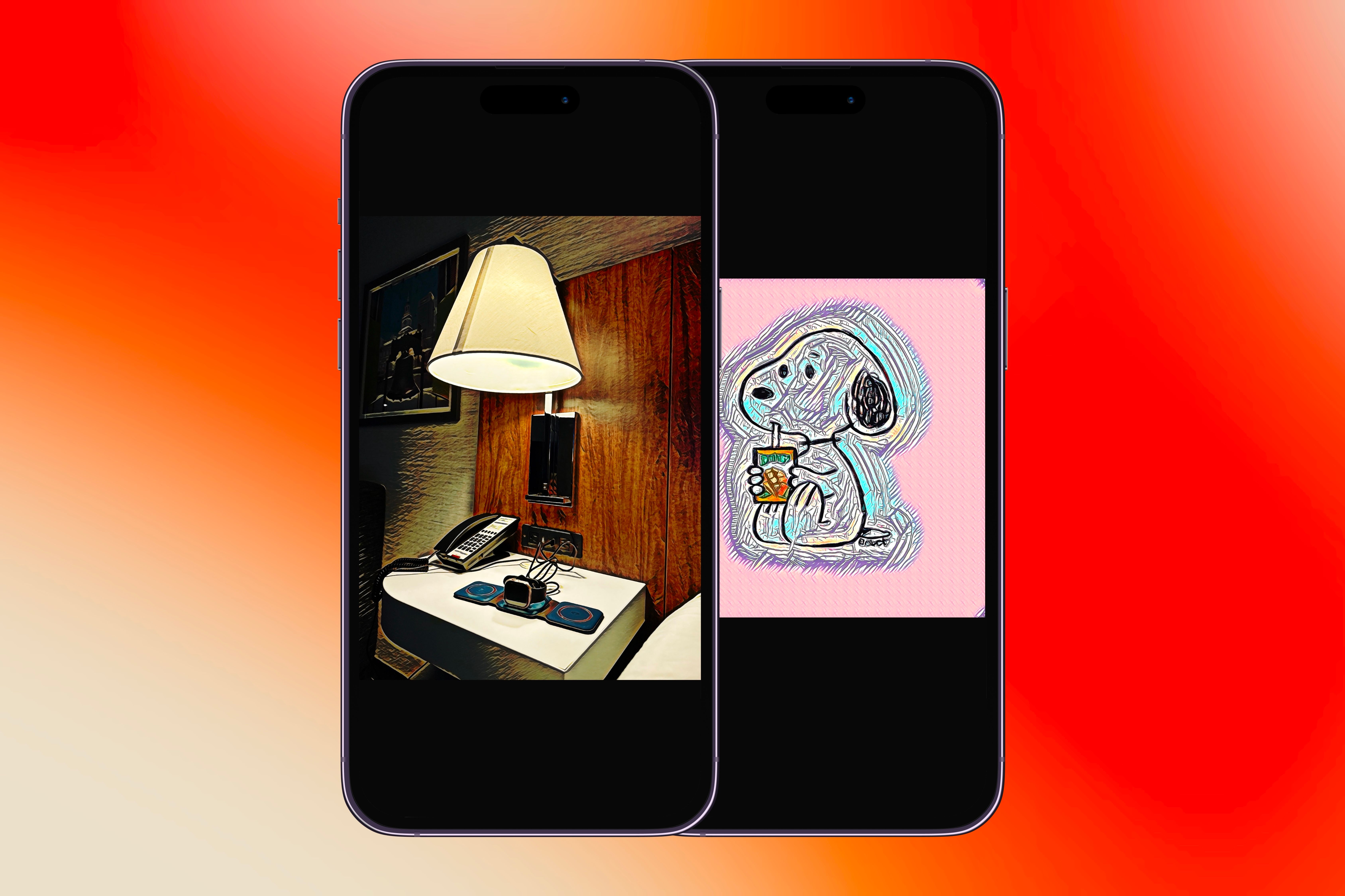 A lamp and Snoopy in the Visionist app on two different iPhones.