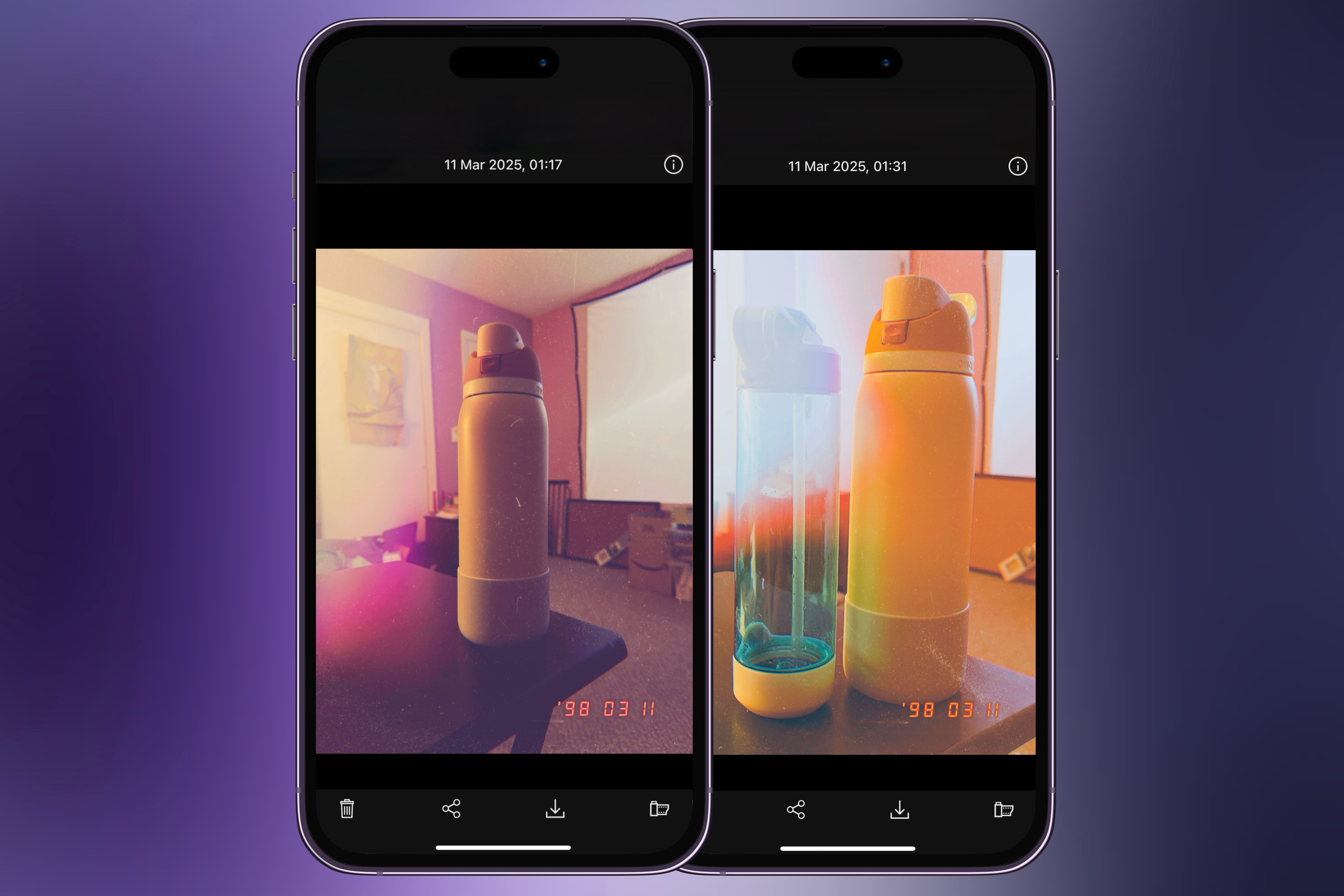 Two iPhones showing photos of water bottles from with the 1998 Cam app.