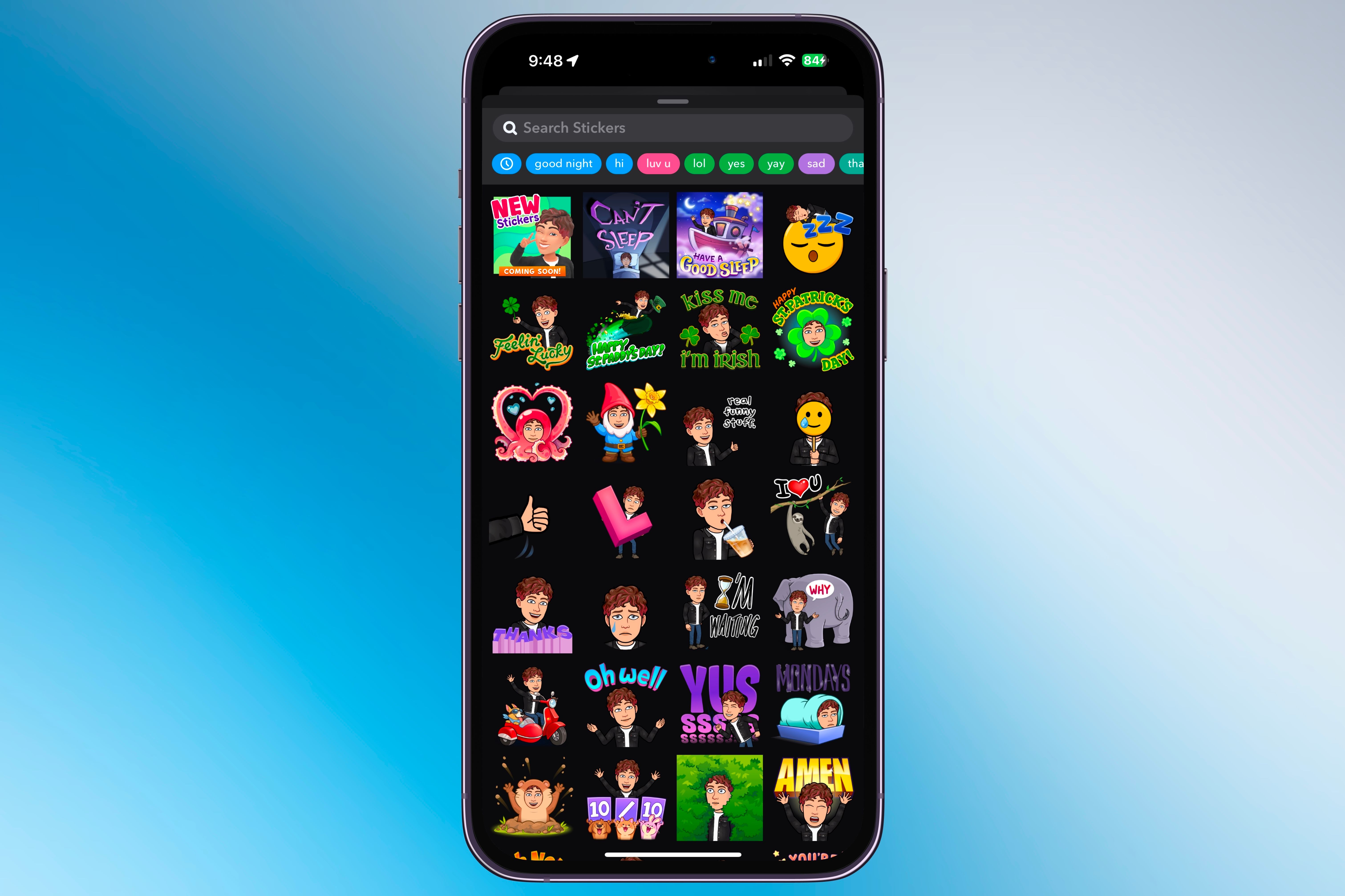 Various Bitmoji stickers in its iMessage app on an iPhone.