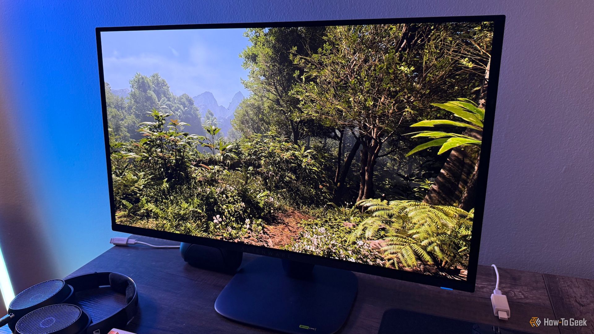 A jungle in Indiana Jones on an Alienware 27 4K QD-OLED (AW2725Q).