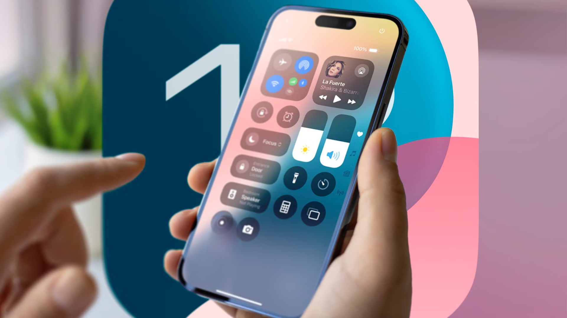 Image of the Control Center on an iPhone held in hand in front of iOS 18's mascot.