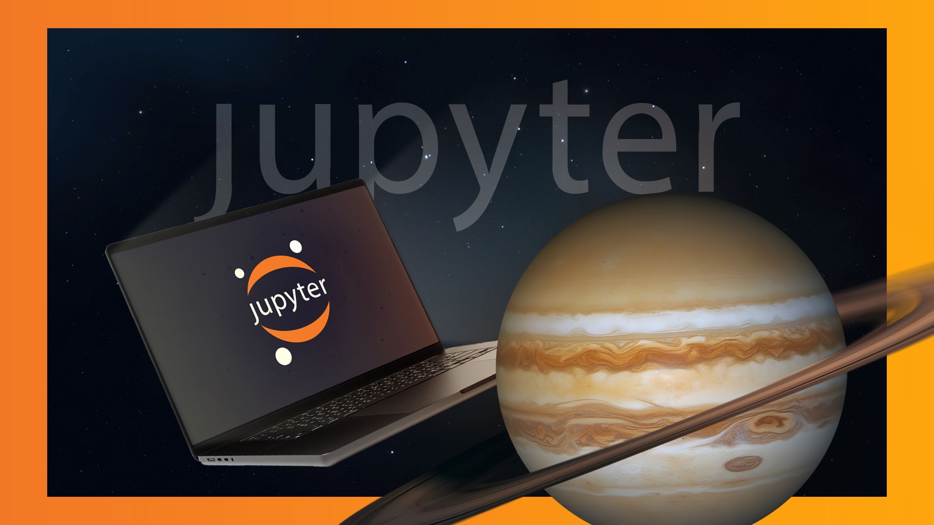 Outer space with a laptop featuring the Jupyter logo and the planet Jupiter beside it.