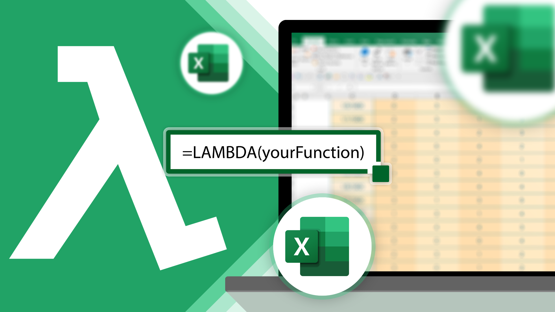 The lambda icon on the left, an Excel formula in the center, and a laptop with a blurred spreadsheet in the background.