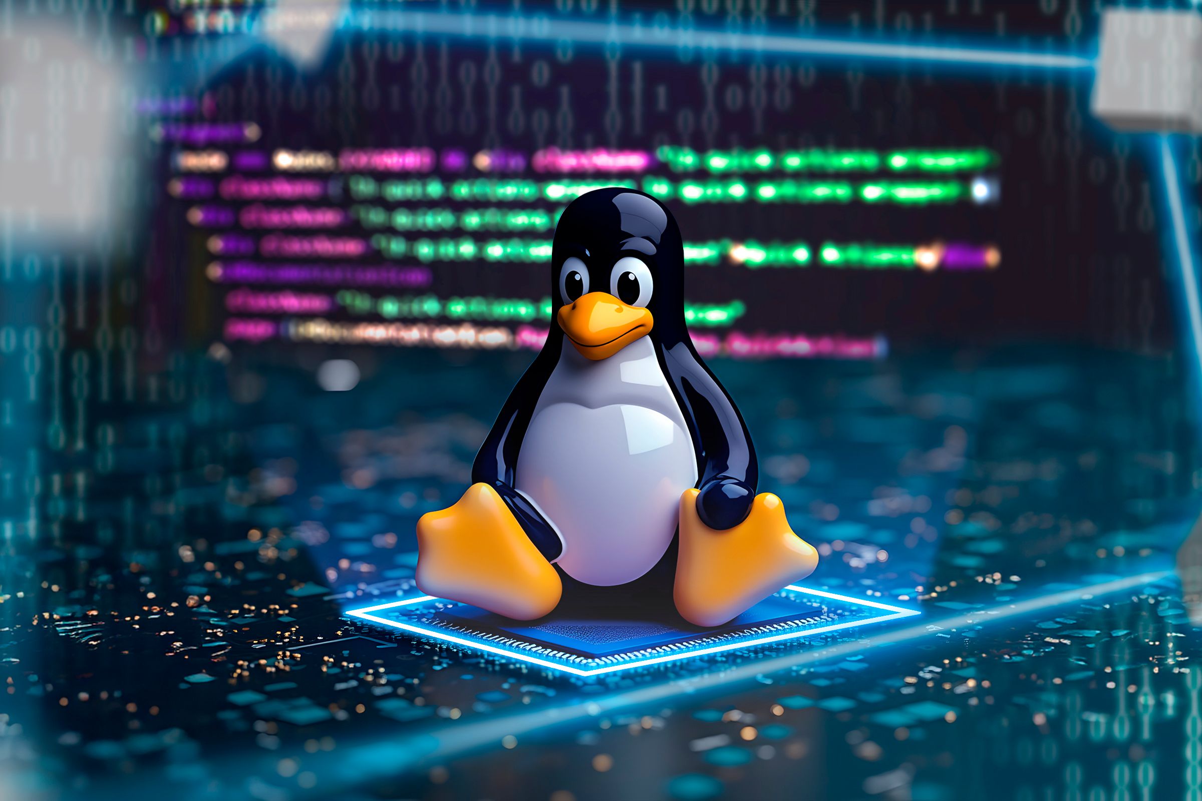 Linux mascot sitting on a chip with blurred code in the background.