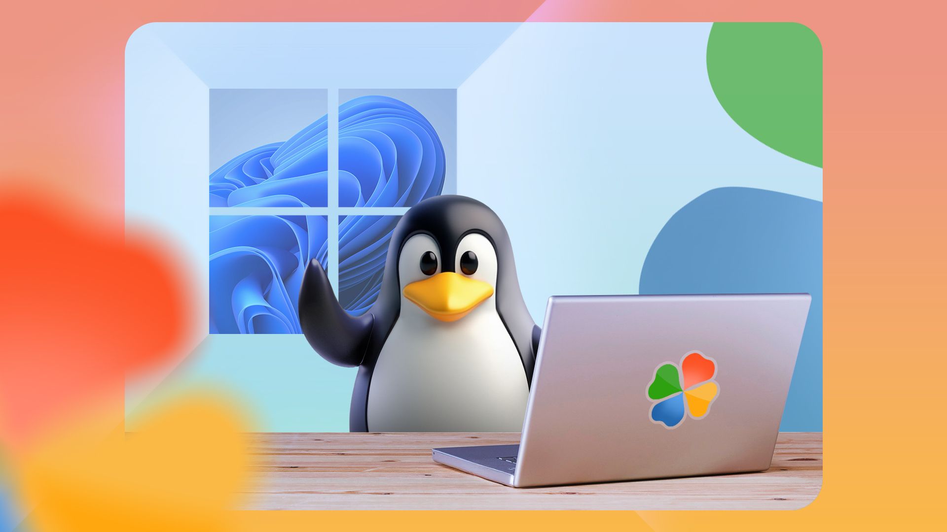 Linux mascot using a laptop with the PlayOnLinux logo and the Windows logo in the background.