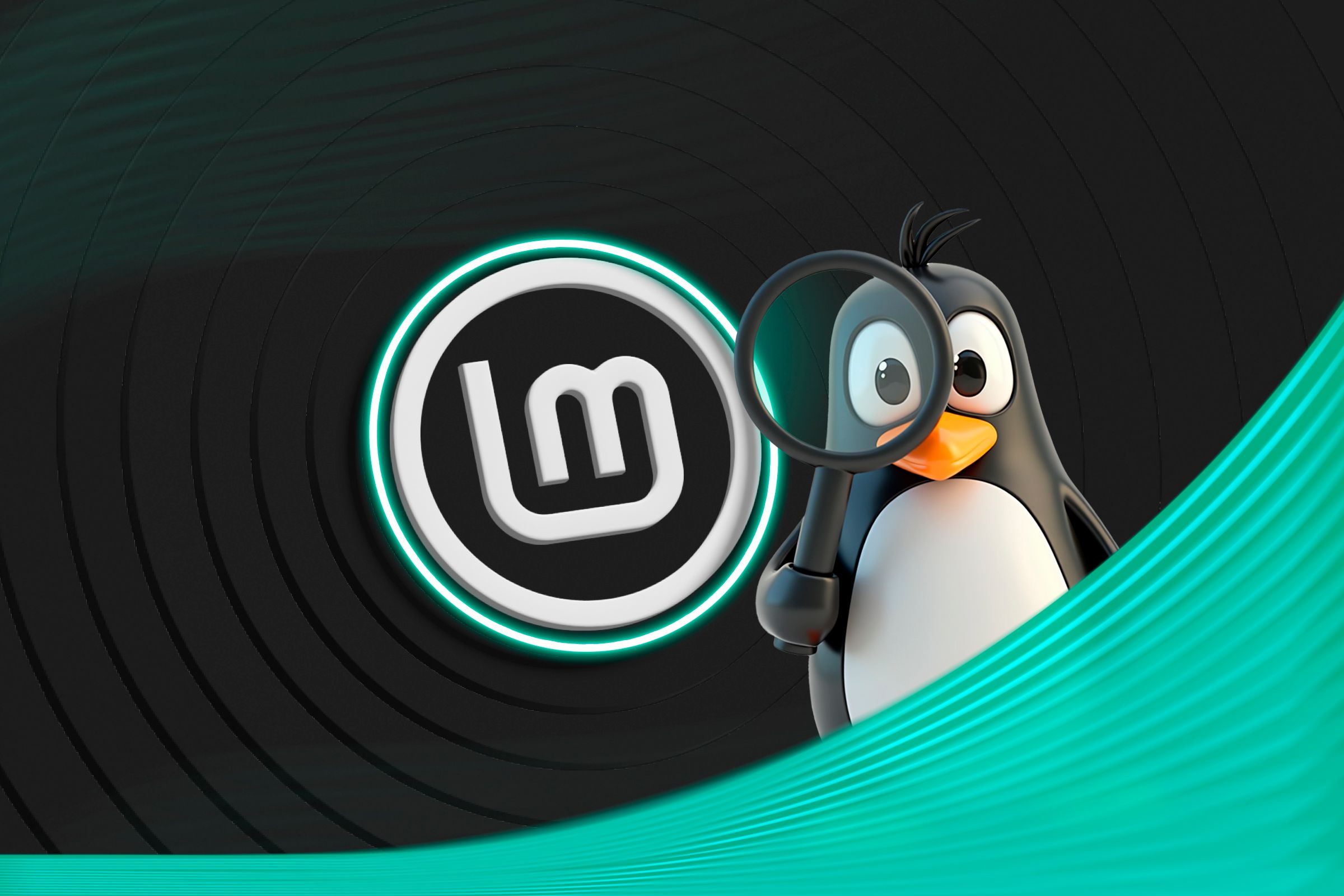 Linux Mint logo and the Linux mascot with a magnifying glass beside it.