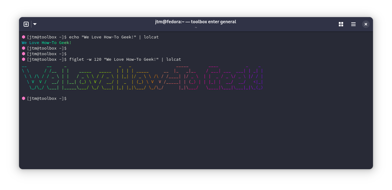 Output of lolcat command printing We Love How-To Geek in a Linux terminal.