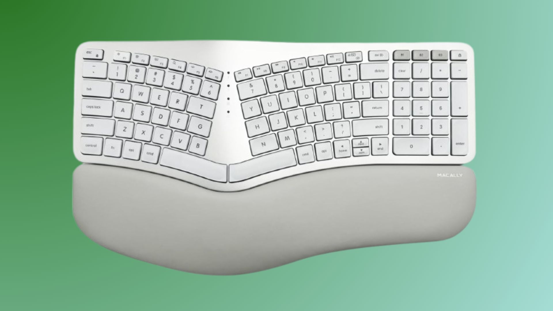 Macally Bluetooth Ergonomic Keyboard on a gradient background