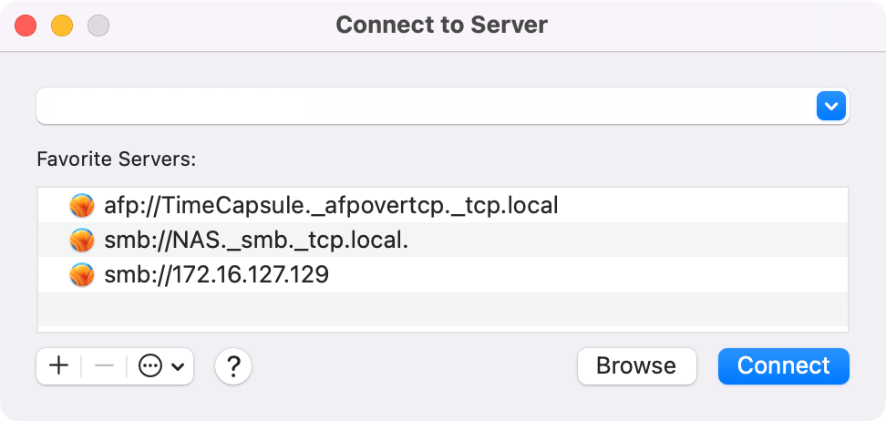 macOS Finder's Connect to Server window displaying three entries in the favorite servers list.