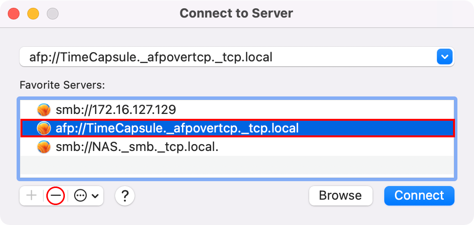 macOS Finder's Connect to Server window showing the option to remove a server from favorites.