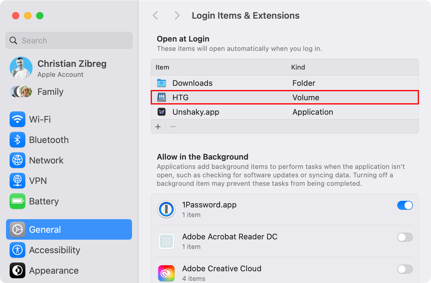 macOS System Settings displaying the Login Items section with a server volume in the Open at Login list.