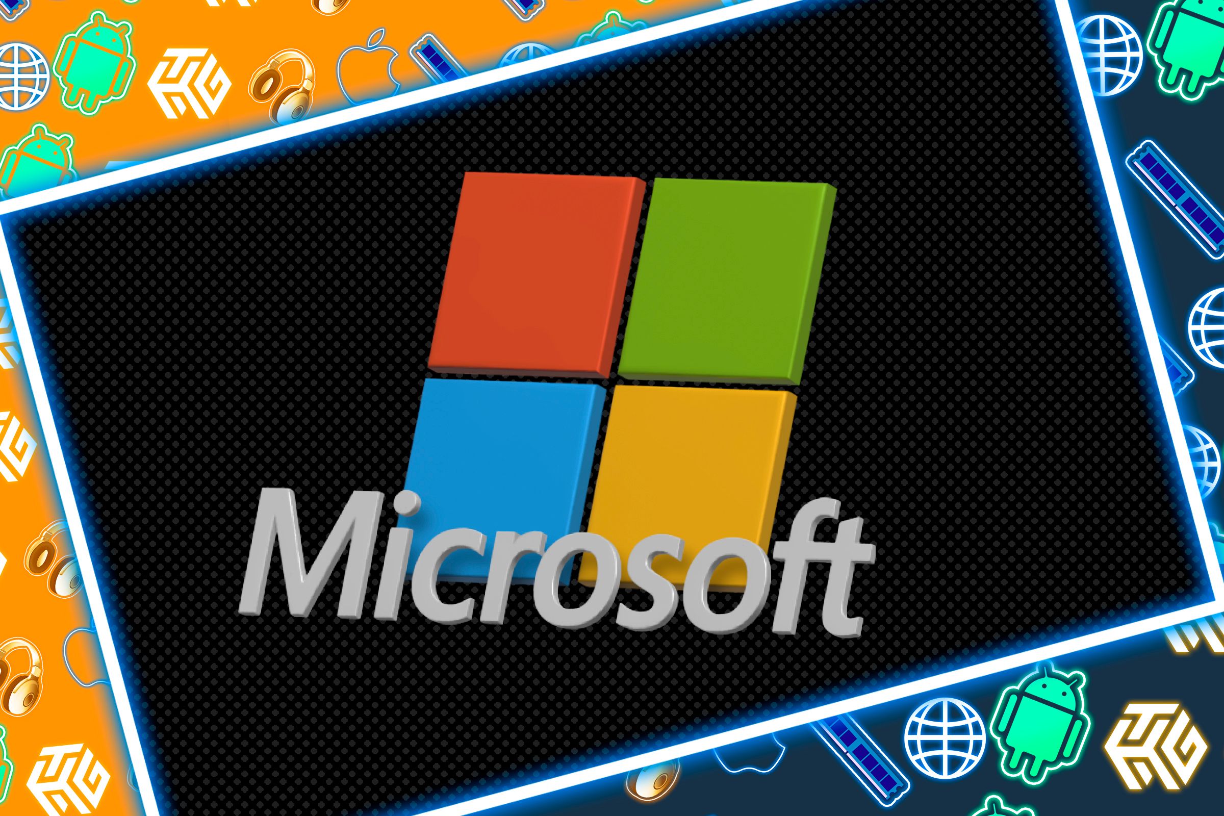 A retro-style Microsoft logo with various icons floating in the background.