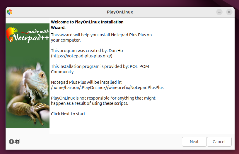 Notepad Plus Plus Installation Wizard on PlayOnLinux.