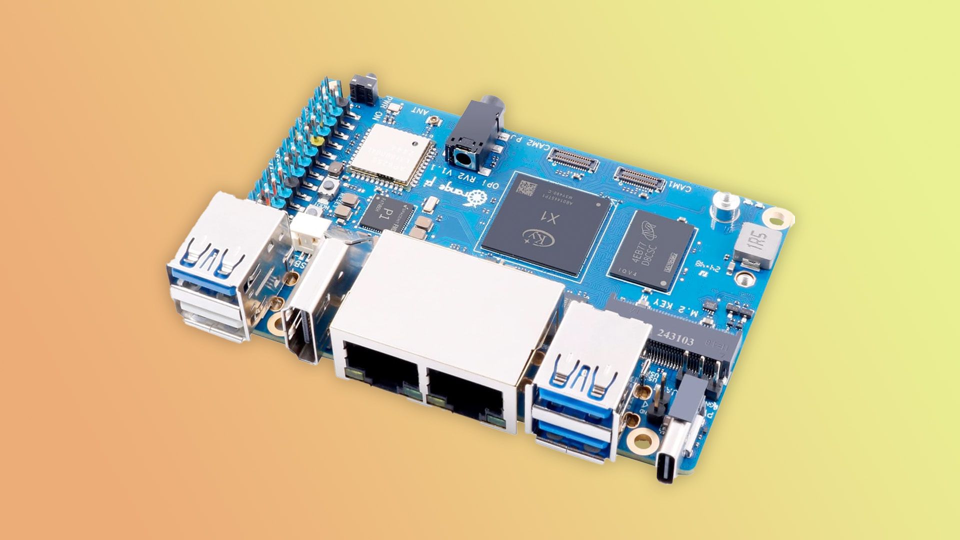 OrangePi RV2 development board with USB and Ethernet ports.