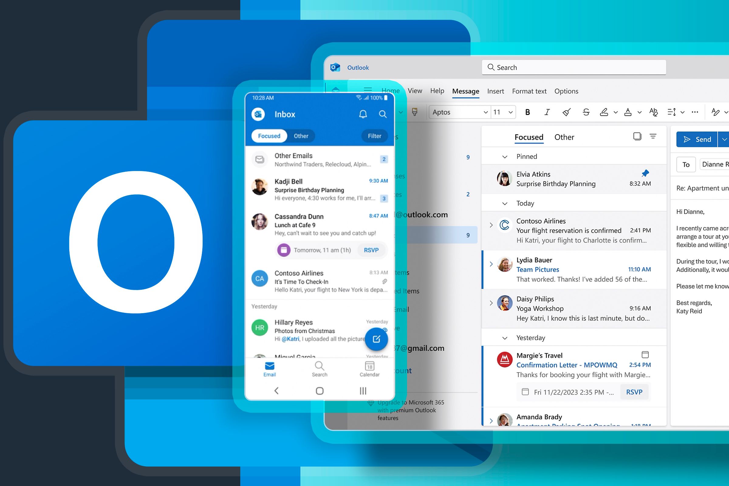 Outlook inbox on desktop and mobile.