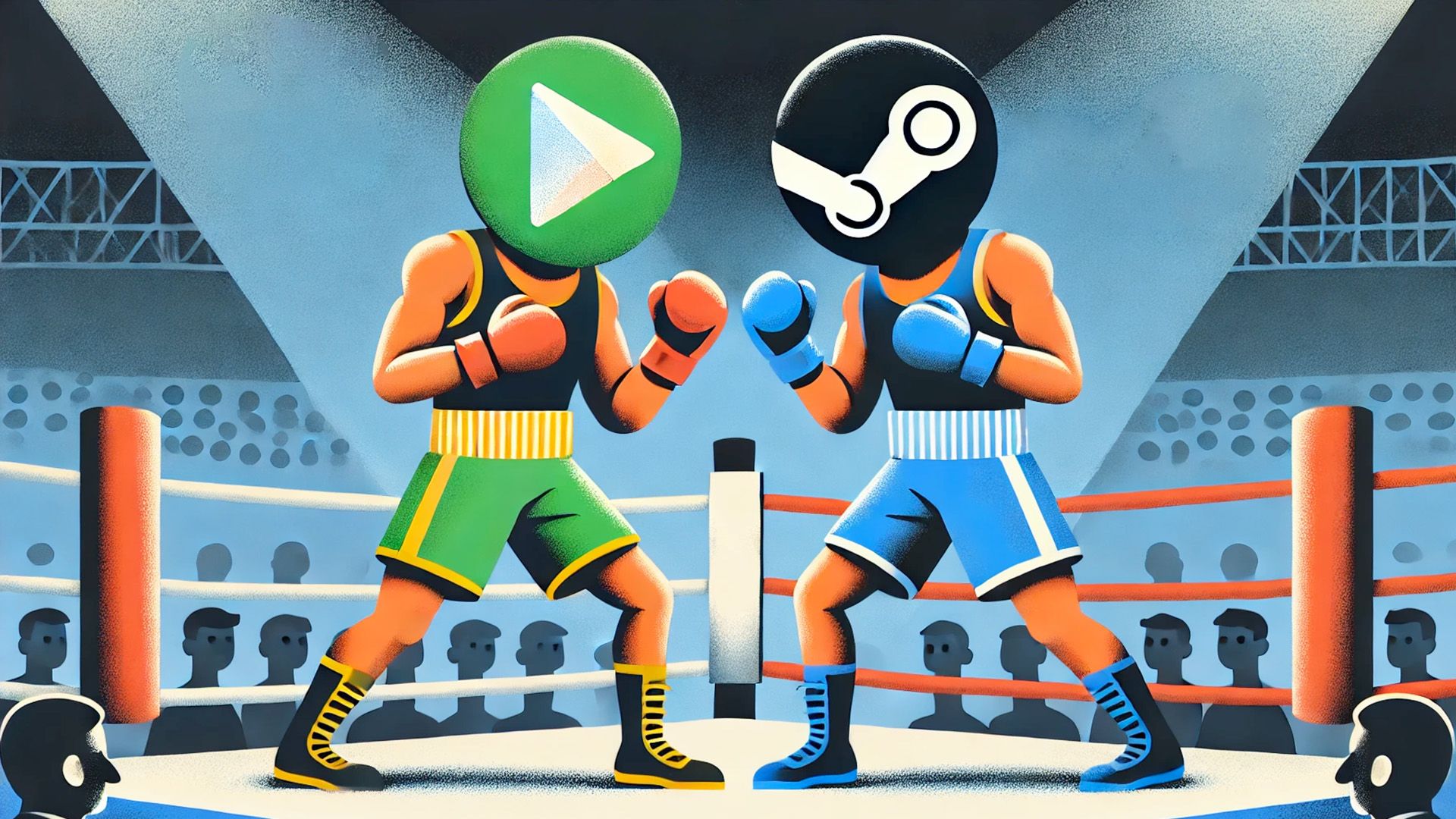 Google Play and Steam in a boxing match.