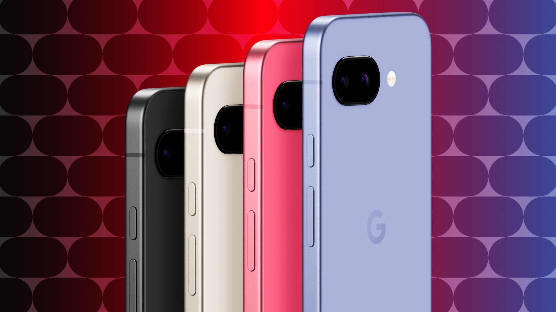 Pixel 9a in black, gold, pink, and purple.