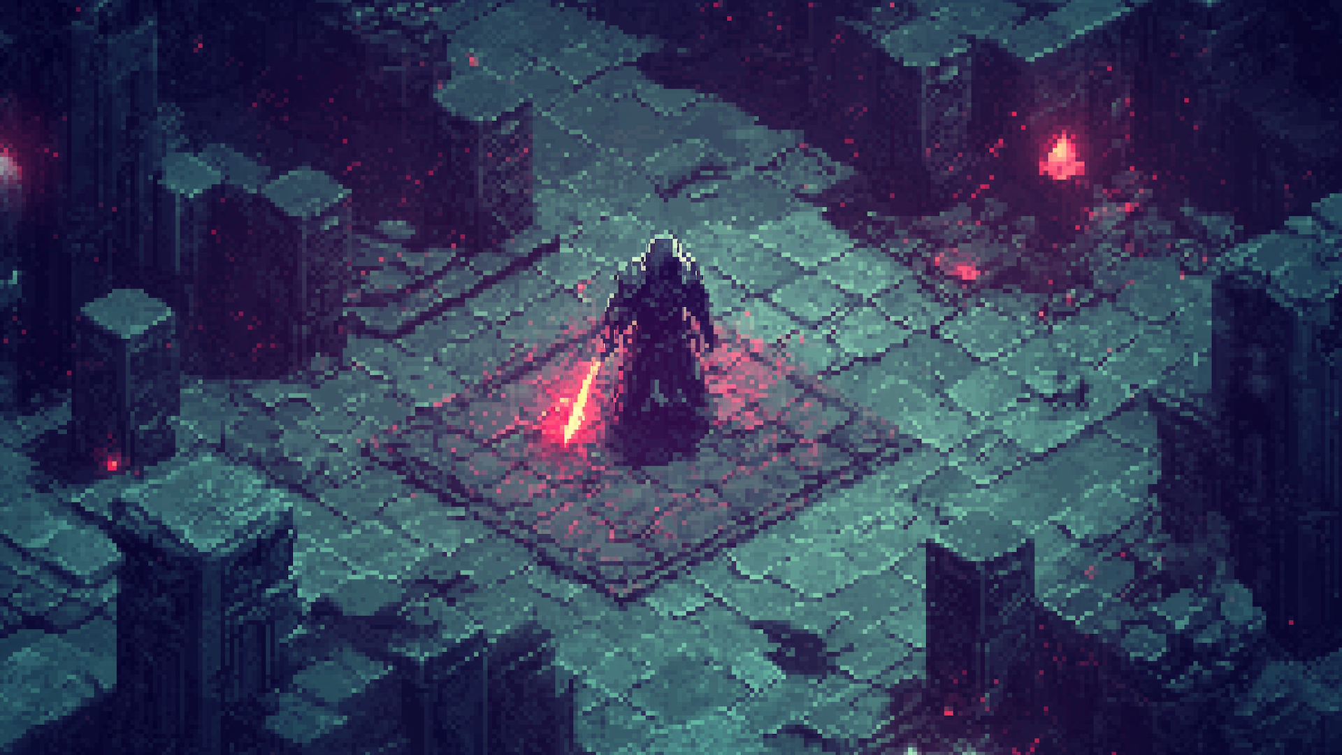 AI-generated pixel art of a dark gothic isometric RPG like diablo with a character in plate armor in the center.