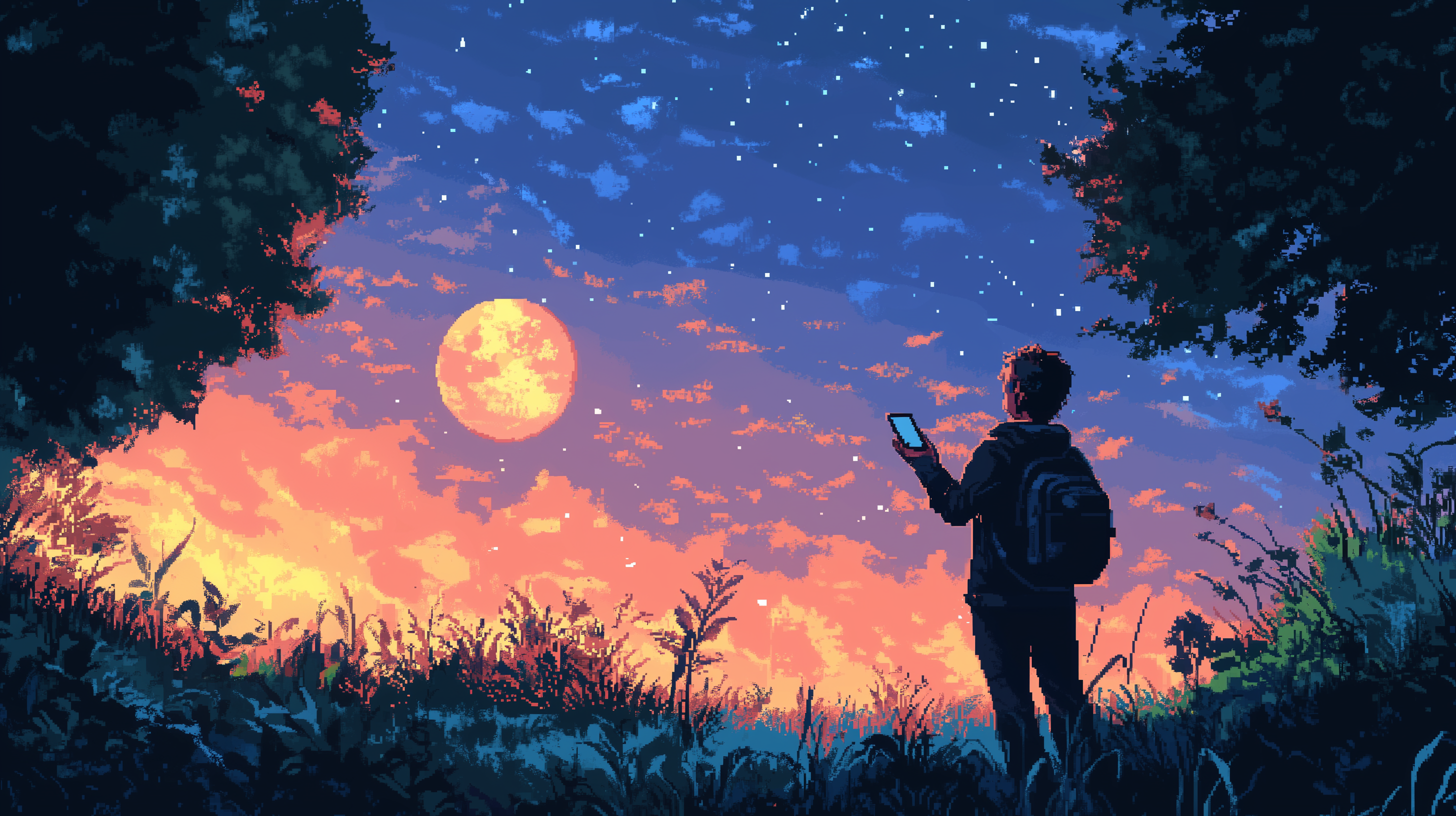 Pixel art of a person holding a phone and getting a radio signal from a satellite in space.