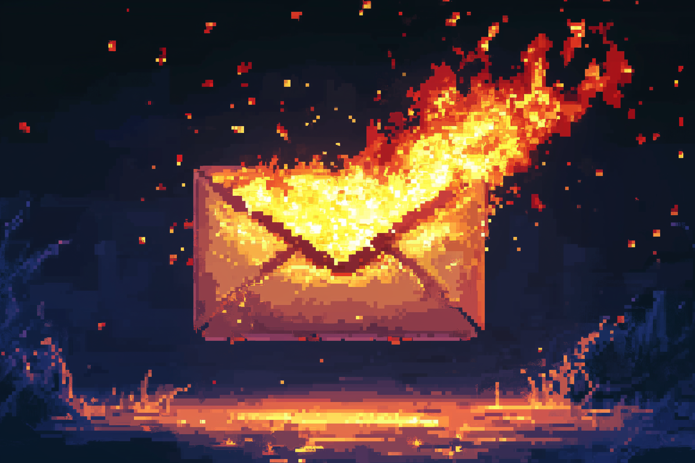 Pixel art of an email on fire