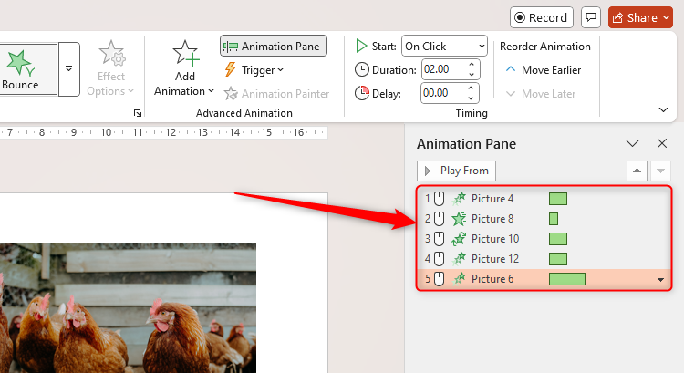 PowerPoint's Animation Pane containing five images named 'Picture' followed by a number.