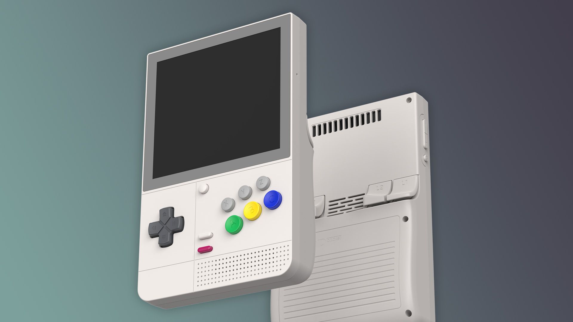 Front and back of a handheld Retroid Pocket console.