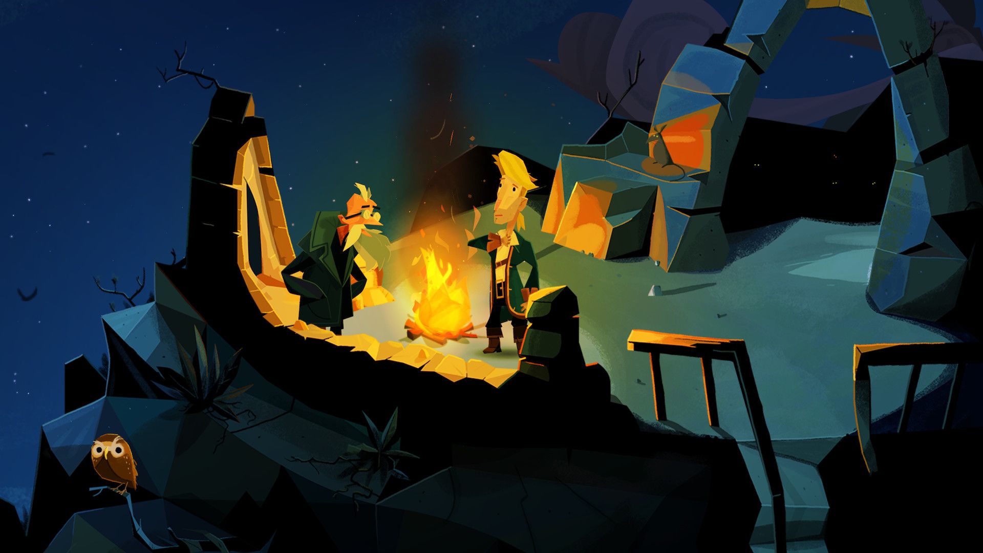 Return to Monkey Island official screenshot showing Guybrush Threepwood speaking to three pirates around a campfire.